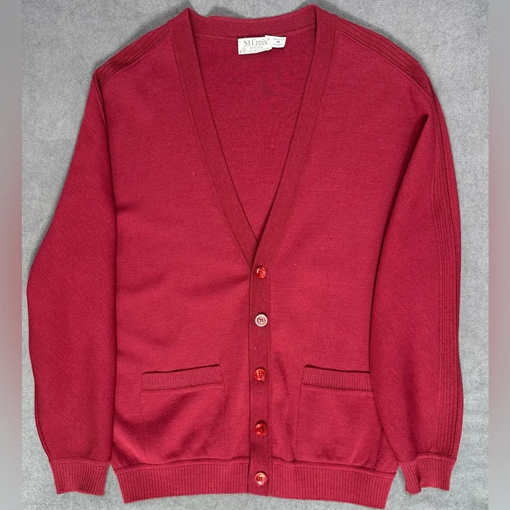 Vtg Grandpa Cardigan St Croix Knits  100% Zephyr Wool Red Sweater Sz M Pockets
